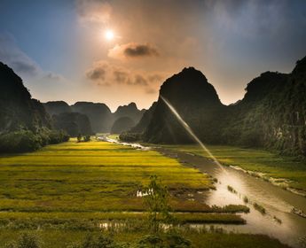 Voyage au Vietnam — Paysage de rizières et formations karstiques dans le Nord Vietnam sous une lumière dorée.
