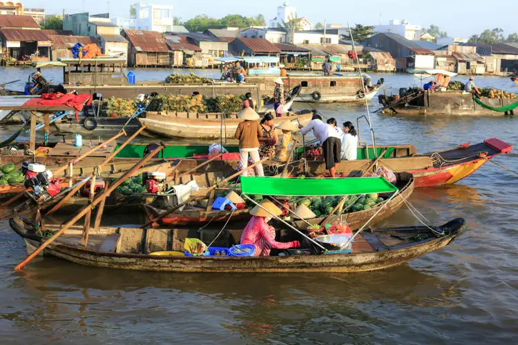 Voyage au Vietnam — Marché flottant animé du Delta du Mékong avec bateaux en bois, commerçants portant des Nón Lá et fruits locaux sur la rivière.