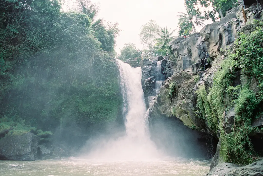Voyage en Asie – La puissante cascade de Tegenungan jaillissant d'une falaise rocheuse entourée d'une jungle luxuriante à Bali.