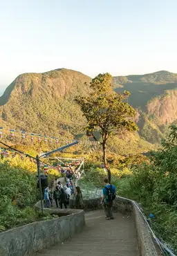 Randonneurs gravissant les marches de l'Adam's Peak au Sri Lanka au milieu d'un paysage montagneux verdoyant.