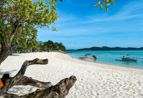 Travel in the Philippines — Stunning white-sand beach in Palawan with turquoise water and a piece of natural driftwood in the foreground.