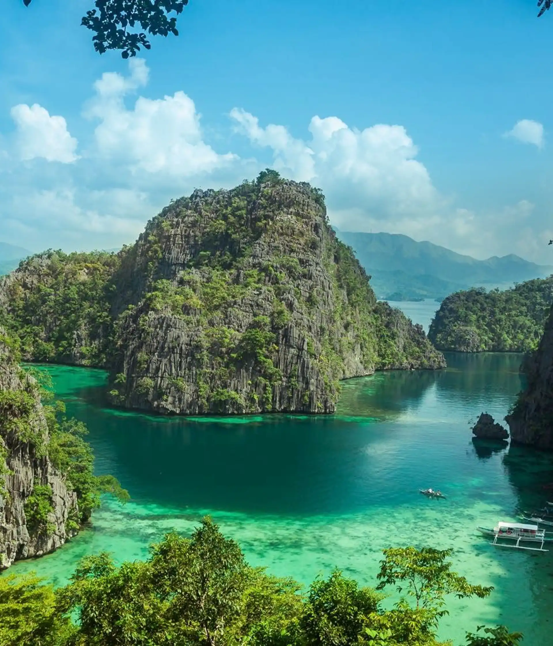 Vue panoramique d'un lagon aux eaux turquoise entouré de falaises karstiques verdoyantes à El Nido, Philippines.