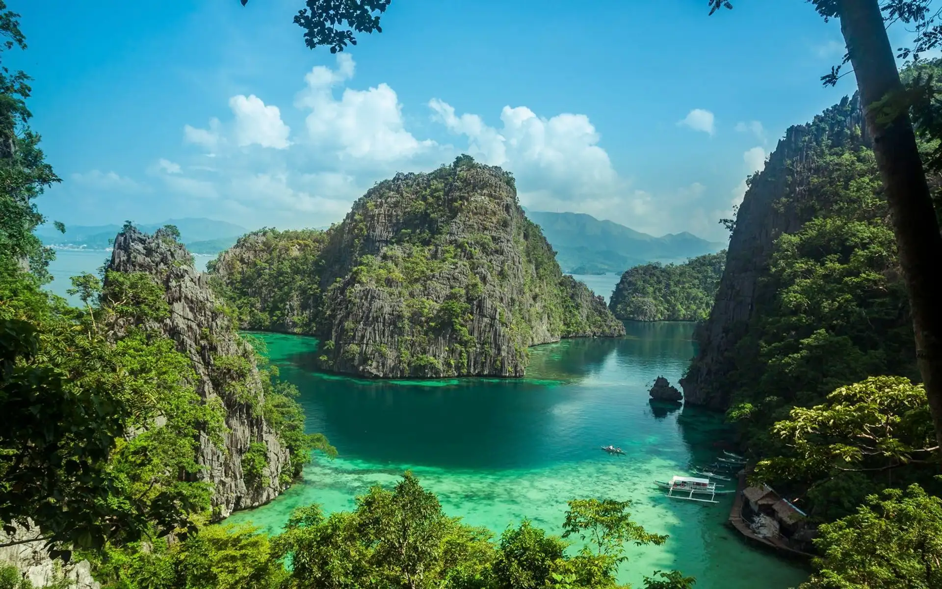 Vue panoramique d'un lagon aux eaux turquoise entouré de falaises karstiques verdoyantes à El Nido, Philippines.