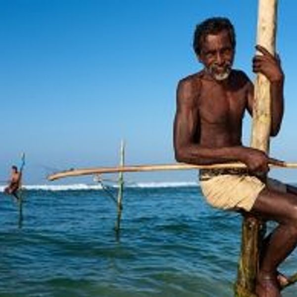 Travel in Asia - A man stilt fishing on a beach in Sri Lanka