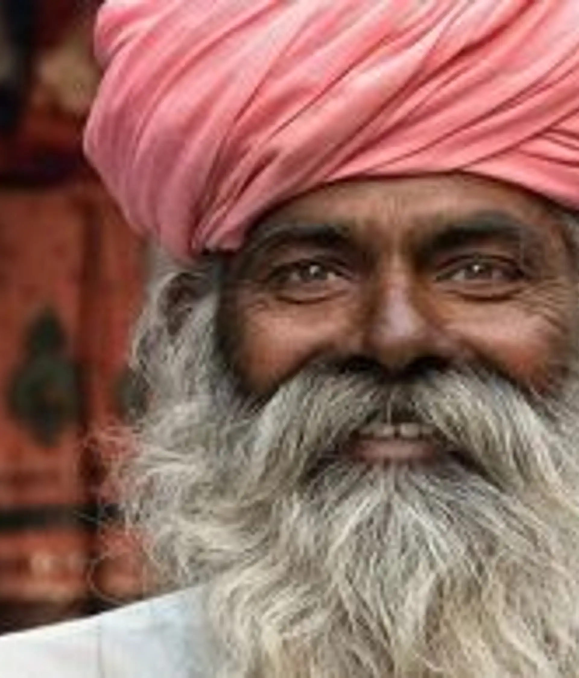 Travel in Asia - Smiling elderly man with a long gray beard wearing a pink turban in India, photographed outdoors