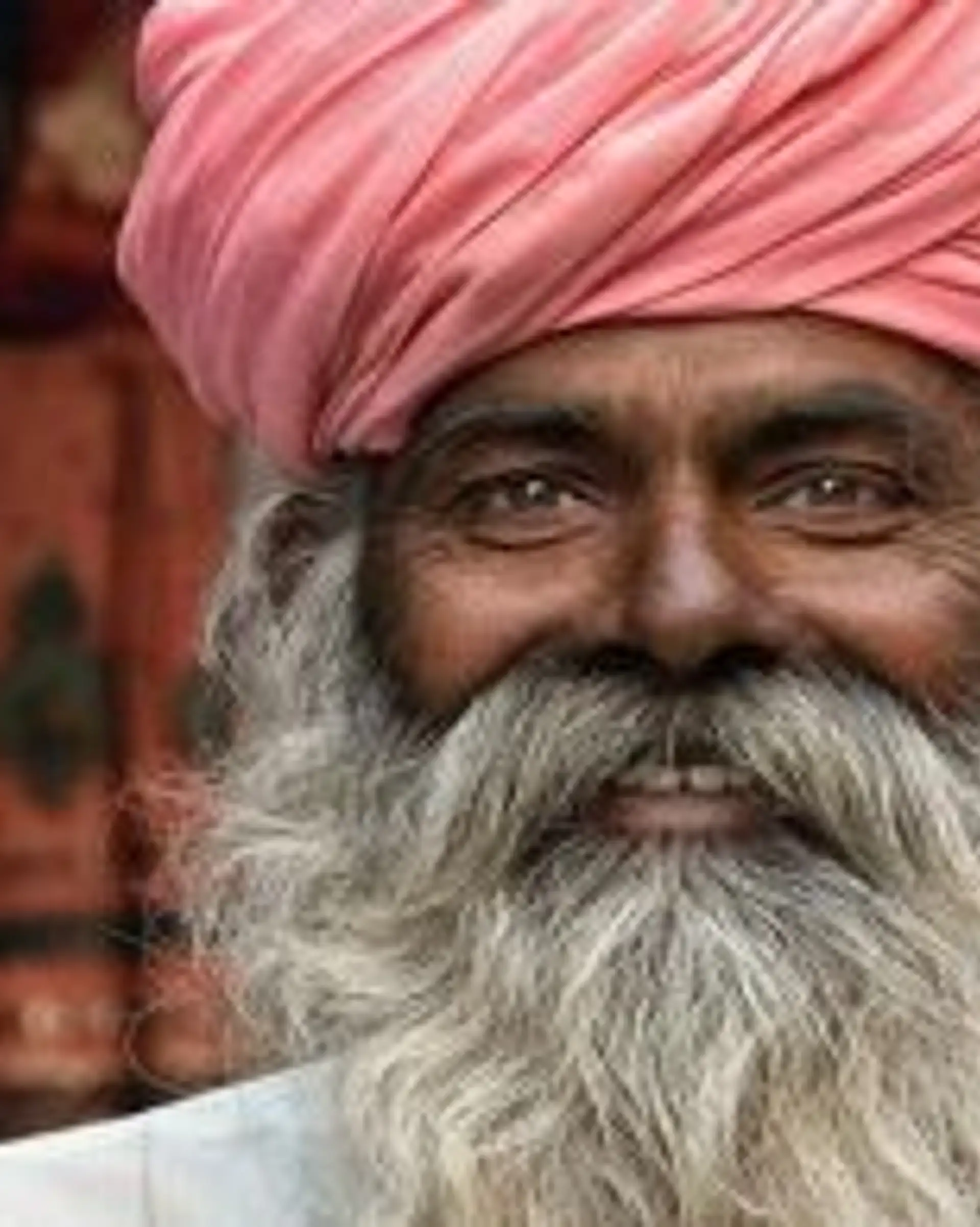 Travel in Asia - Smiling elderly man with a long gray beard wearing a pink turban in India, photographed outdoors
