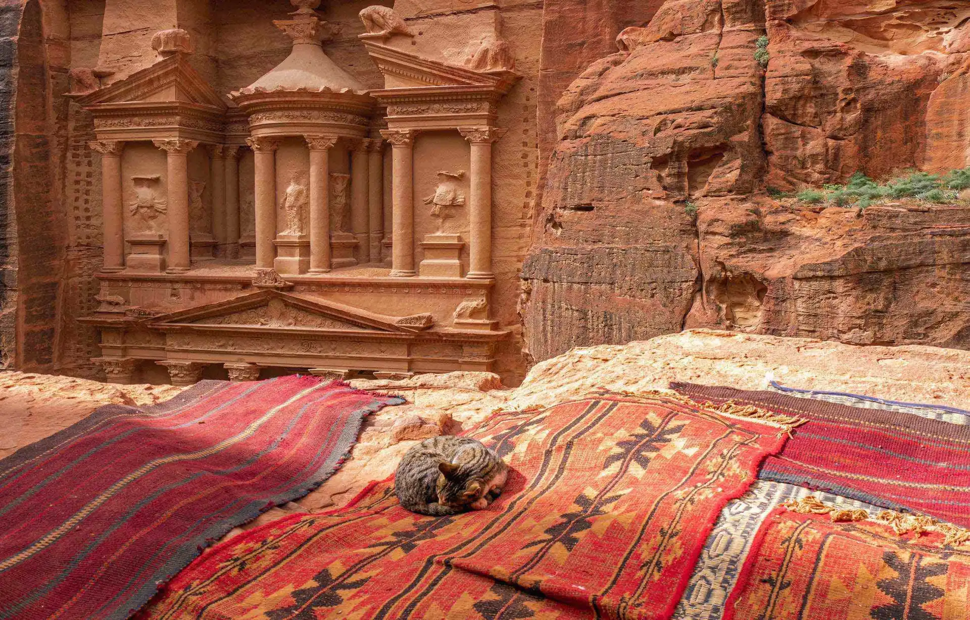 Façade monumentale sculptée dans la roche de grès rose du temple Al-Khazneh (Le Trésor) à Pétra, vue depuis un promontoire avec des tapis traditionnels bédouins au premier plan.