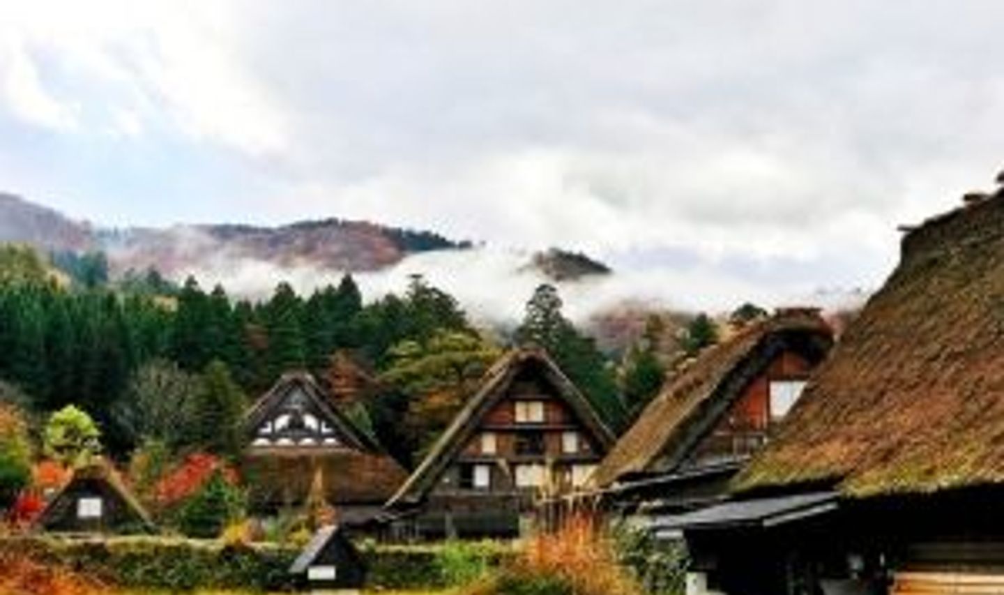 Travel in Asia - Traditional gassho-zukuri farmhouses of Shirakawago in Japan on a cloudy day