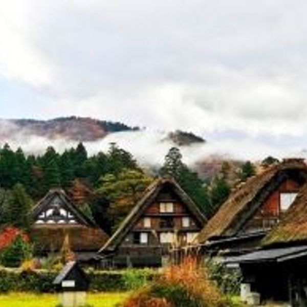 Travel in Asia - Traditional gassho-zukuri farmhouses of Shirakawago in Japan on a cloudy day