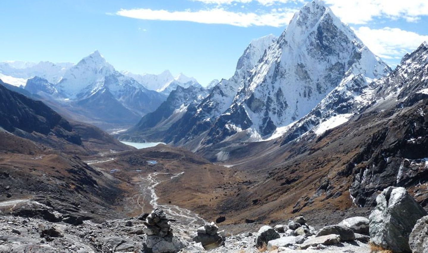 Travel in Asia - Majestic view over the Chola Valley in Nepal featuring featuring the snow-capped peaks of Cholatse and Ama Dablam