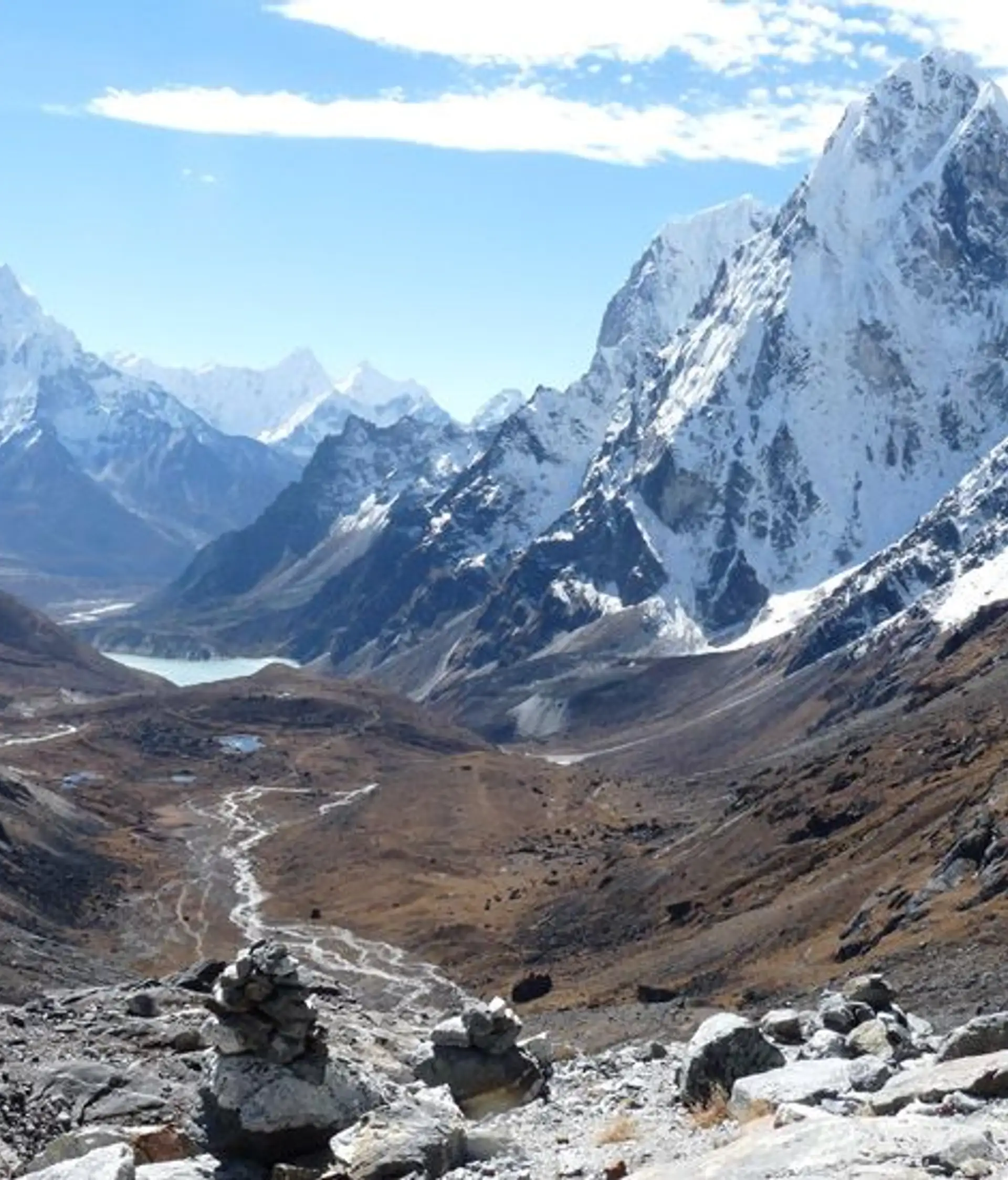 Travel in Asia - Majestic view over the Chola Valley in Nepal featuring featuring the snow-capped peaks of Cholatse and Ama Dablam
