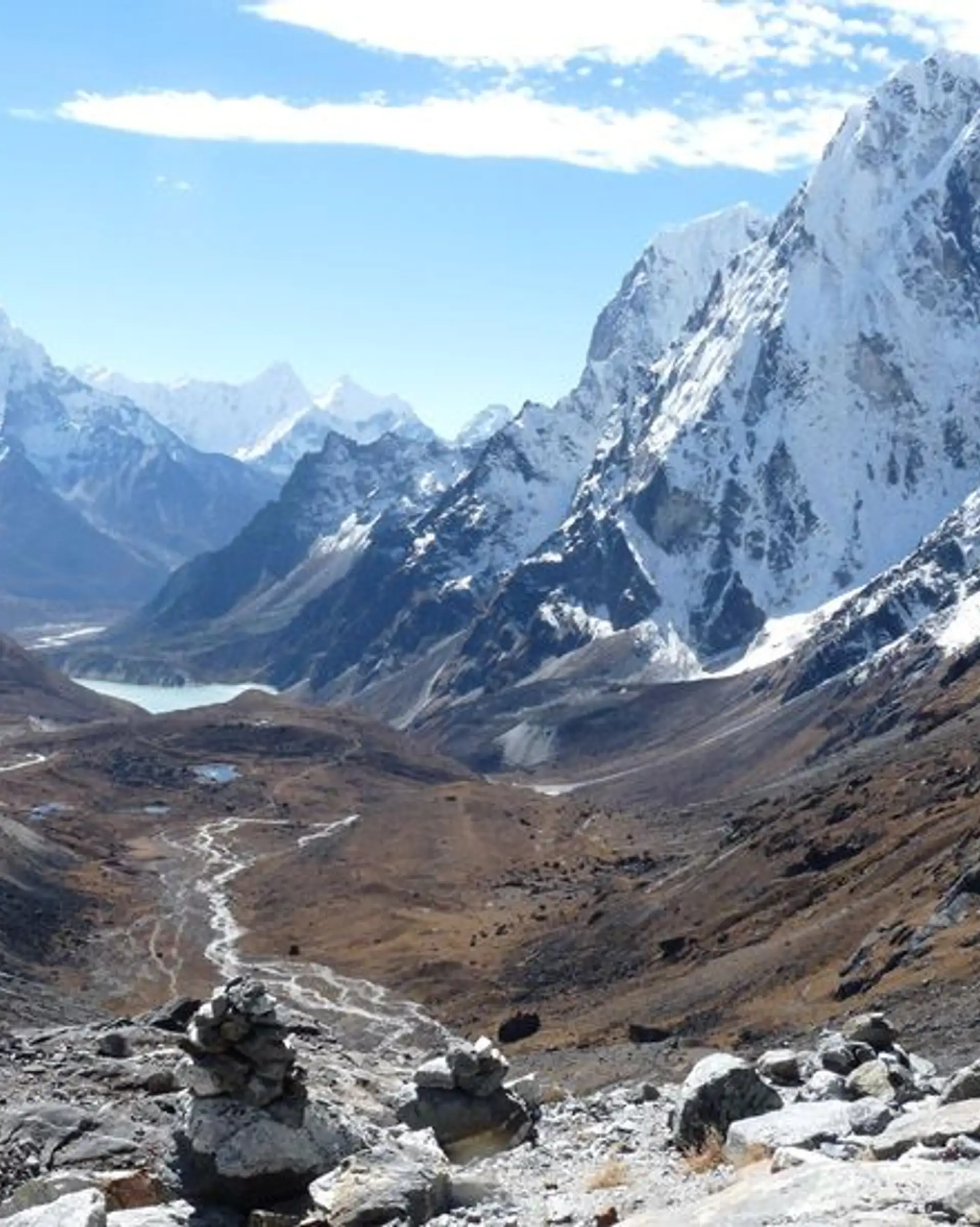 Travel in Asia - Majestic view over the Chola Valley in Nepal featuring featuring the snow-capped peaks of Cholatse and Ama Dablam