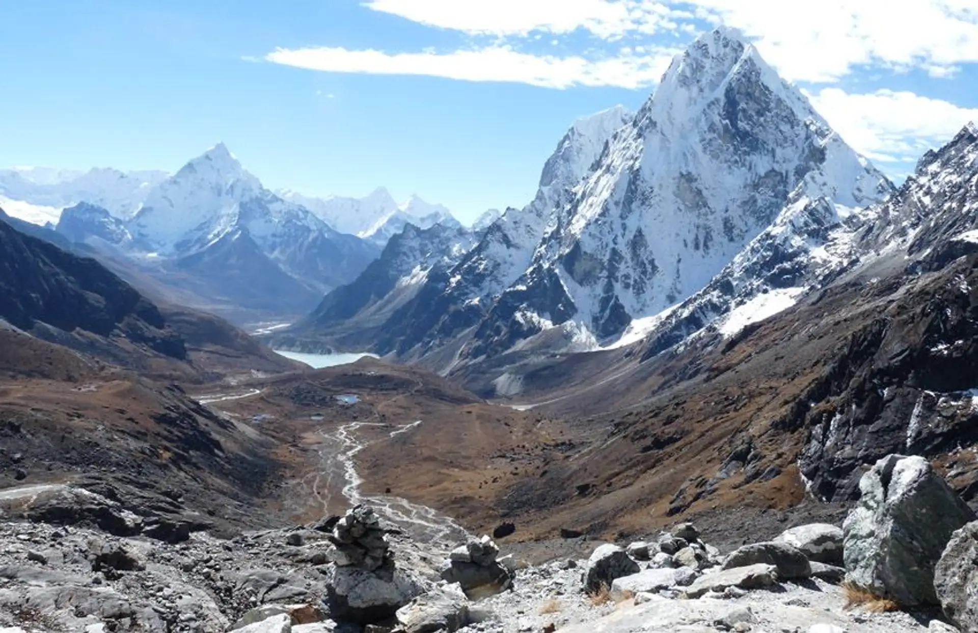 Travel in Asia - Majestic view over the Chola Valley in Nepal featuring featuring the snow-capped peaks of Cholatse and Ama Dablam