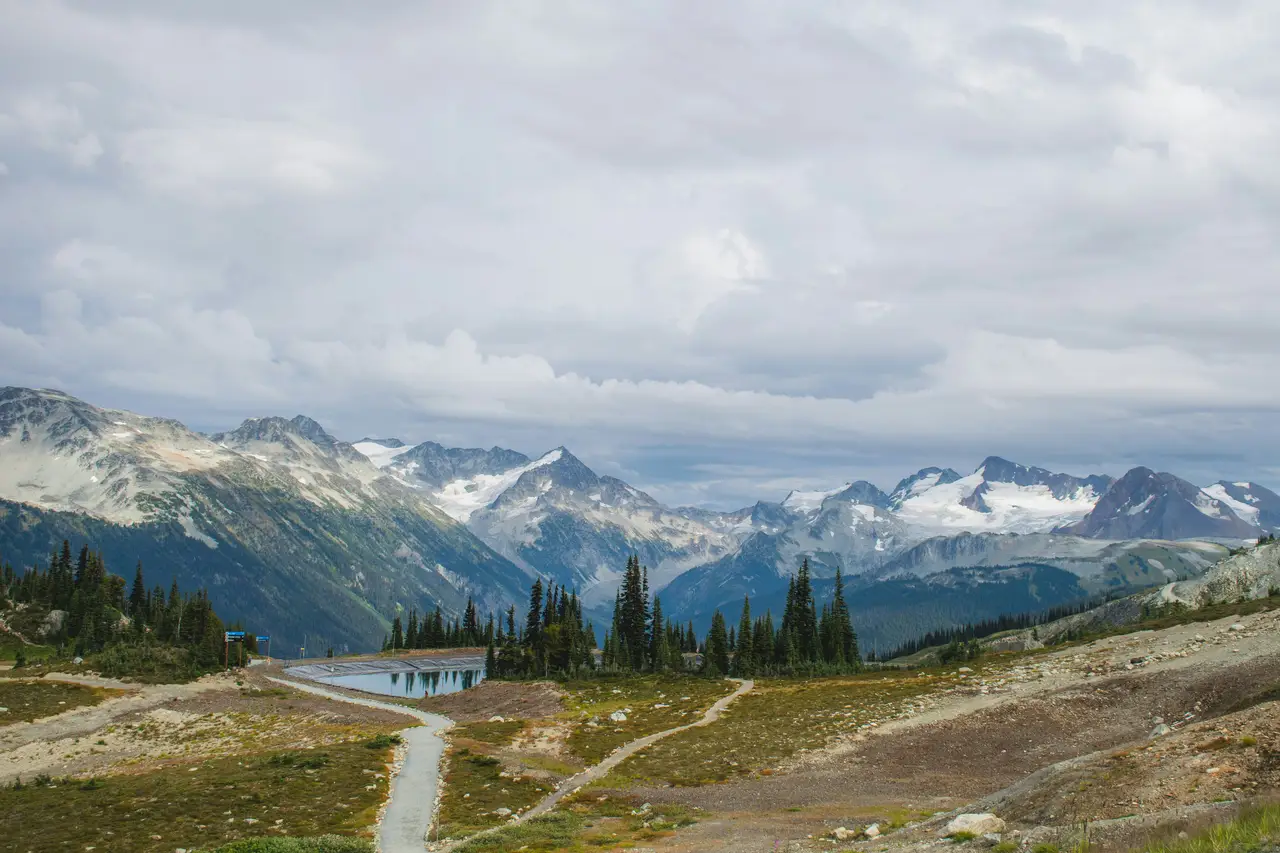 Paysage alpin ouvert avec alpages verdoyants au premier plan et chaîne de montagnes aux crêtes rocheuses sous un ciel nuageux à Whistler