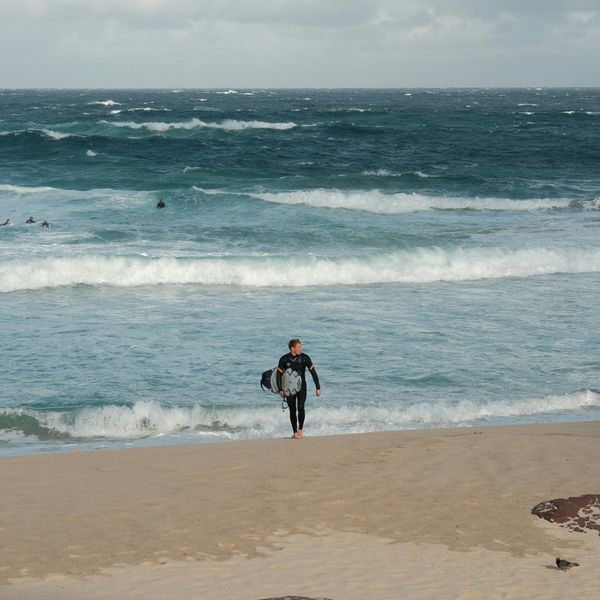 Surfeur sortant de l'eau avec sa planche sur la plage de Bondi