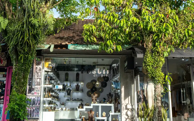Boutique de bijoux artisanaux sous une végétation tropicale