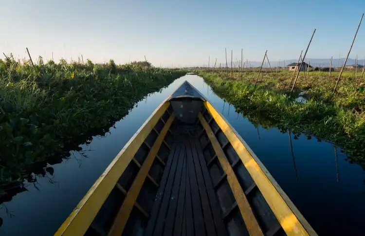 Vue depuis la proue en bois d'une longue barque traditionnelle naviguant sur un canal étroit au milieu des jardins flottants verdoyants du lac Inle en Birmanie.