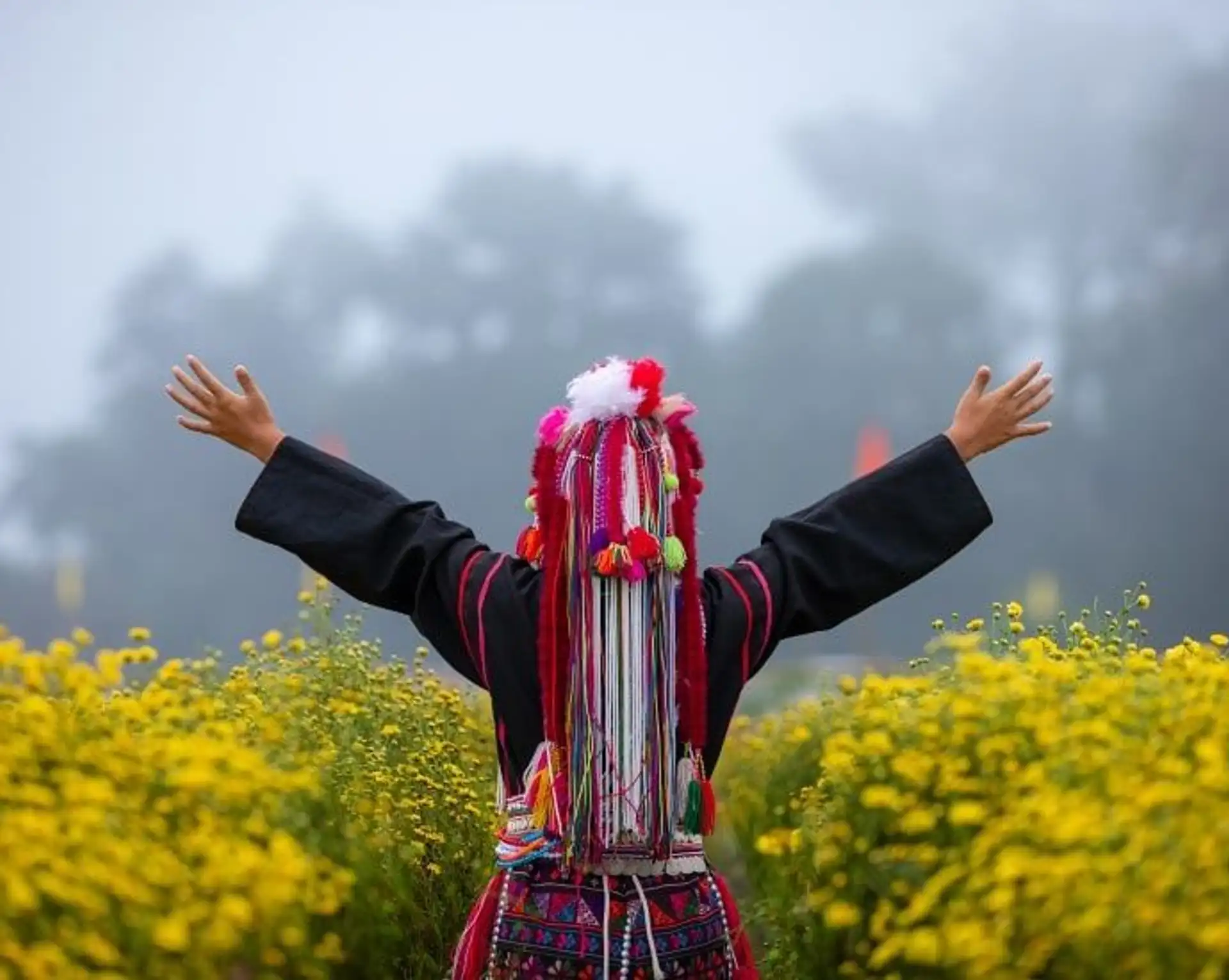 Femme en tenue traditionnelle Akha ouvrant les bras dans un champ de fleurs jaunes sous le brouillard à Chiang Rai.