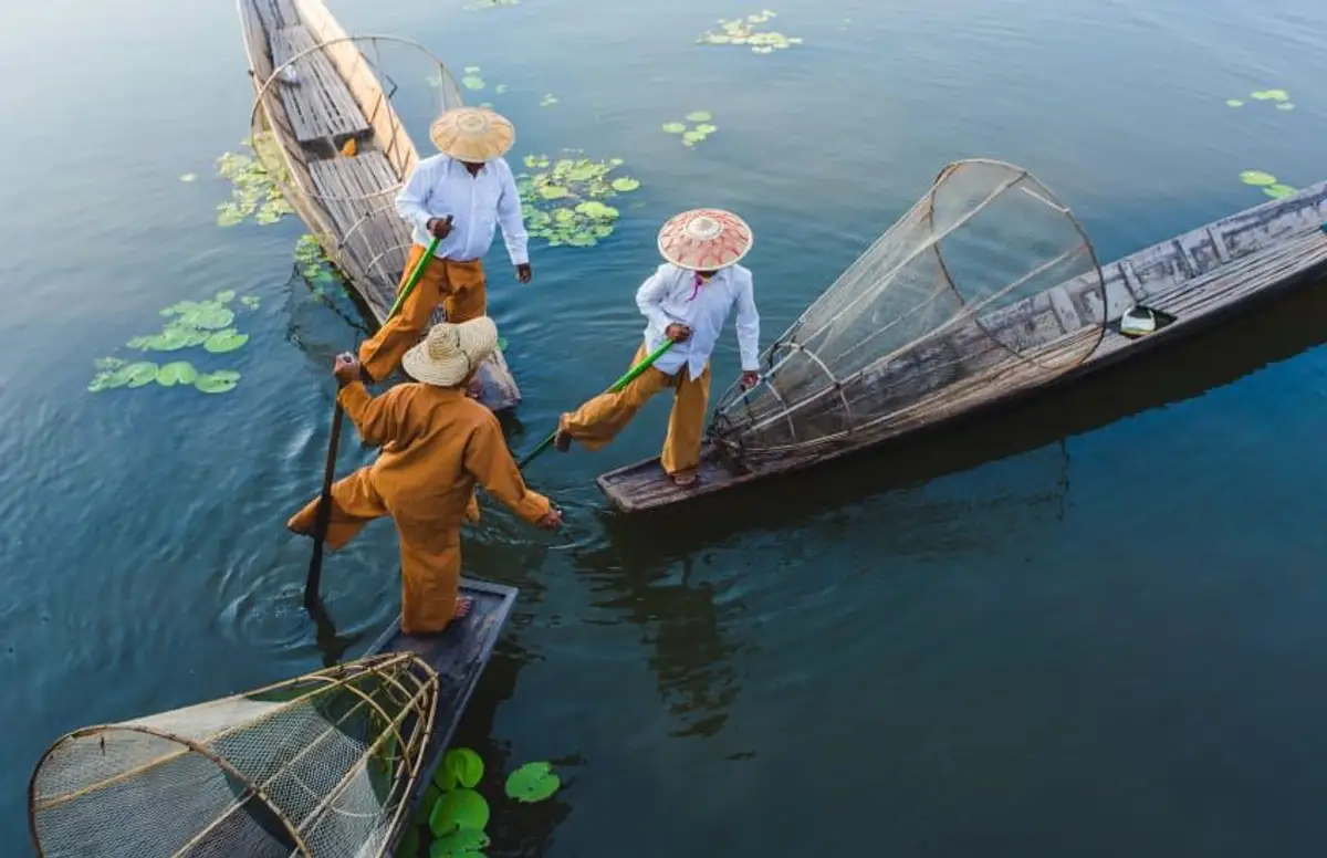Des pêcheurs traditionnels Intha en vêtements traditionnels amples manipulant leurs grandes nasses coniques en bambou sur leurs barques au milieu du lac Inle en Birmanie.