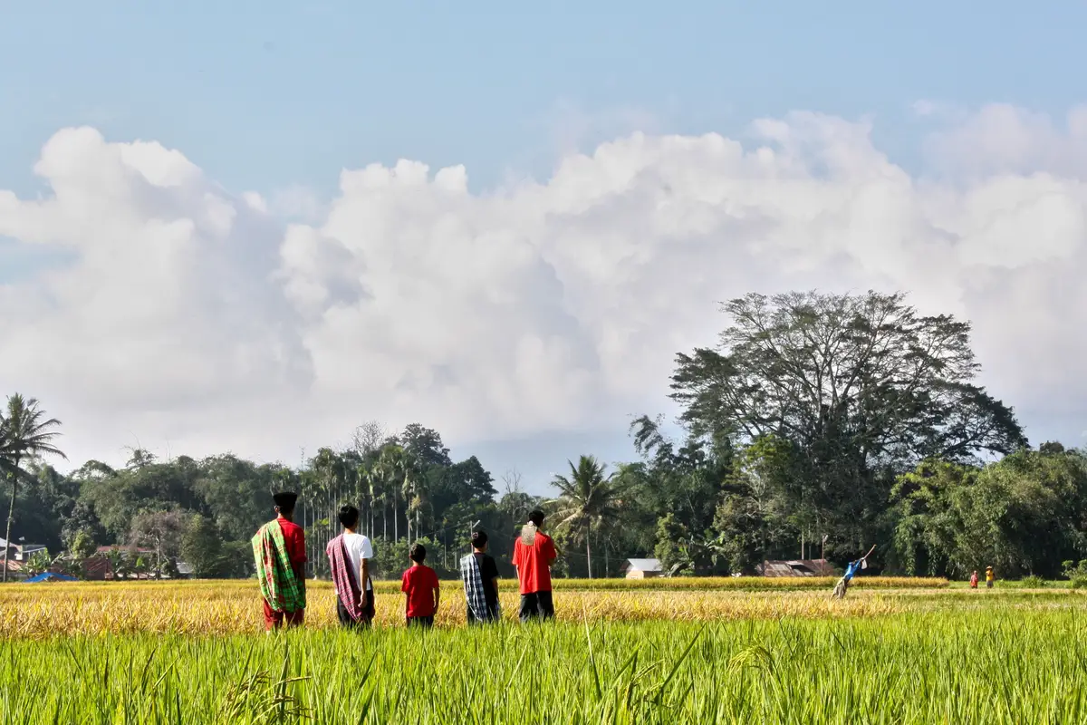 Voyage en Indonésie : Habitants locaux de dos face au paysage rural