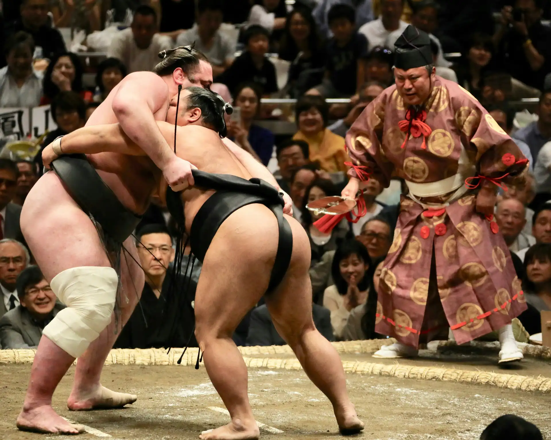 Deux lutteurs de sumo professionnels en plein combat dans le dohyō, sous le regard attentif de l'arbitre traditionnel, lors d'un tournoi au Japon.